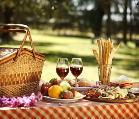 Picknick mit Wein und Obst